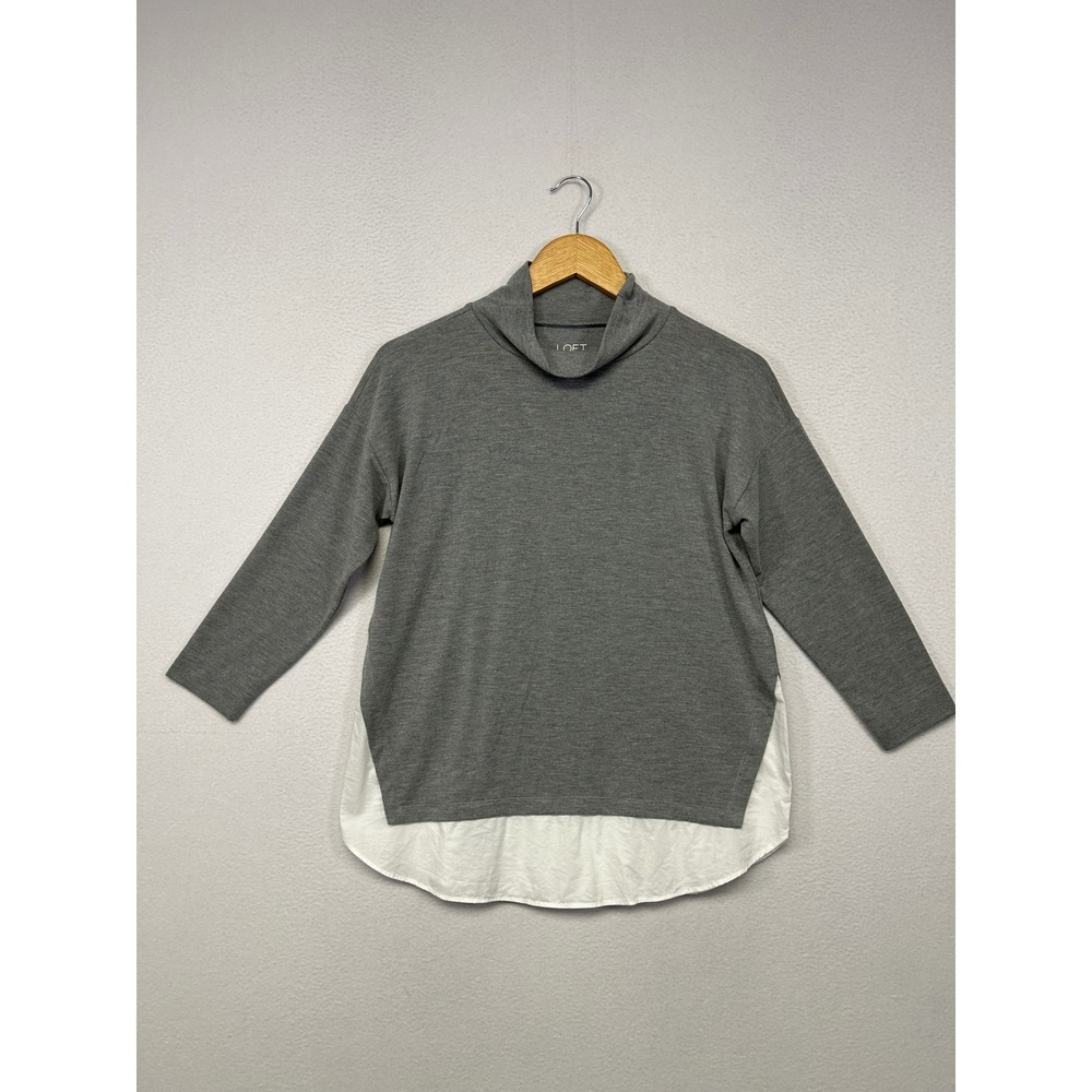 Minimalist Preppy LOFT Women SP Gray Mixed Media Mock Neck Layered Top Office
